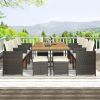 11-Piece Patio All-Weather PE Wicker Dining Table Set with Wood Tabletop for 10, Brown Rattan+Beige Cushion