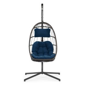 Outdoor patio Wicker Hanging Chair Swing Chair Patio Egg Chair UV Resistant Dark Blue cushion Aluminum frame