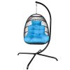 Swing Egg Chair with Stand Indoor Outdoor Wicker Rattan Patio Basket Hanging Chair with C Type bracket ; with cushion and pillow; Blue(Banned from sel