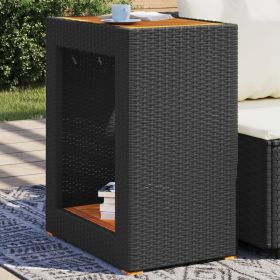 Patio Side Table with Wooden Top Black 23.6"x15.7"x29.5" Poly Rattan