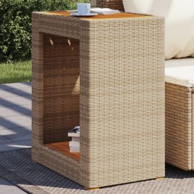 Patio Side Table with Wooden Top Beige 23.6"x15.7"x29.5" Poly Rattan