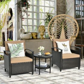 3 Pieces Patio Rattan Furniture Set Cushioned Sofa Storage Table with Shelf Garden