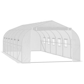 26' x 10' x 7' Walk-In Greenhouse Tunnel, Large Gardening Plant Hot House with 12 Windows and Zipper Doors for Backyard, White