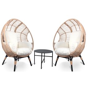 3 Pieces Patio Egg Chairs (Model 2) with Side Table Set,Natural Color PE Rattan and Beige Cushion