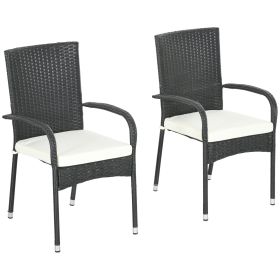 Outsunny Stackable PE Rattan Outdoor Dining Chairs with Cushions, Set of 2 Patio Wicker Dining Chairs with Armrests and Backrest for Patio, Deck