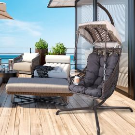 (SAME AS W1132135315) Swing Egg Chair with Stand Indoor Outdoor, UV Resistant Black Cushion Hanging Chair with Cup Holder