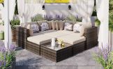 GO 8-piece Outdoor Wicker Sofa Set, Rattan Sofa Lounger, With Colorful Pillows, Conversation Sofa, For Patio, Garden, Deck, Brown Wicker