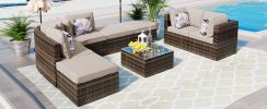 GO 8-piece Outdoor Wicker Sofa Set, Rattan Sofa Lounger, With Colorful Pillows, Conversation Sofa, For Patio, Garden, Deck, Brown Wicker