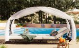 GO 90.55" Outdoor Patio Daybed with Curtain, Sunbed with Cushion and Colorful Pillow