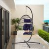 Outdoor Garden Rattan Egg Swing Chair Hanging Chair Dark Blue Cushion