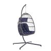 Outdoor Garden Rattan Egg Swing Chair Hanging Chair Dark Blue Cushion