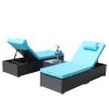 3-Piece Outdoor Patio Furniture Set Chaise Lounge, Patio Reclining Rattan Lounge Chair Chaise Couch Cushioned with Glass Coffee Table