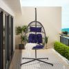 Outdoor Garden Rattan Egg Swing Chair Hanging Chair Dark Blue Cushion