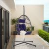 Outdoor Garden Rattan Egg Swing Chair Hanging Chair Dark Blue Cushion