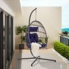 Outdoor Garden Rattan Egg Swing Chair Hanging Chair Dark Blue Cushion