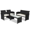 4 Pieces Rattan Patio Furniture Set with Weather Resistant Cushions and Tempered Glass Tabletop