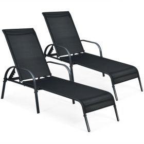 2 Pieces Outdoor Patio Lounge Chair Chaise Fabric with Adjustable Reclining Armrest (Color: Black)