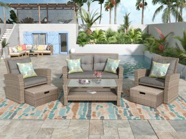 Patio Furniture Set, 4 Piece Outdoor Conversation Set All Weather Wicker Sectional Sofa with Ottoman and Cushions (Color: Gray)