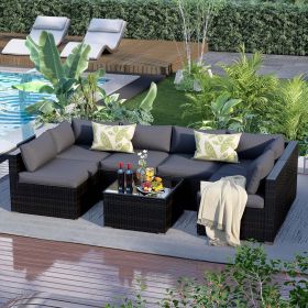 7 Pieces Patio Furniture Set - Outdoor Sectional Wicker Rattan Furniture with Cushion and Glass Table Patio Conversation Sets (Color: Light Grey)