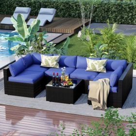 7 Pieces Patio Furniture Set - Outdoor Sectional Wicker Rattan Furniture with Cushion and Glass Table Patio Conversation Sets (Color: Navy Blue)