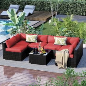 7 Pieces Patio Furniture Set - Outdoor Sectional Wicker Rattan Furniture with Cushion and Glass Table Patio Conversation Sets (Color: Red)