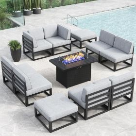 Aluminum Patio Furniture Set with Fire Pit Table, Modern Outdoor Conversation Set Sectional Metal Sofa Set with Olefin Cushion (Color: Light Grey-6  2  2)