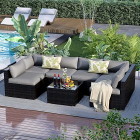 7 Pieces Patio Furniture Set - Outdoor Sectional Wicker Rattan Furniture with Cushion and Glass Table Patio Conversation Sets (Color: Blue)