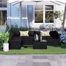 7 Pieces Patio Furniture Set - Outdoor Sectional Wicker Rattan Furniture with Cushion and Glass Table Patio Conversation Sets (Color: Dark Grey)