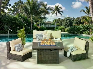 Patio Furniture Set 7 Pieces with Fire Pit Table Patio Sectional Furniture Sofa Chair Sets, PE Rattan Couch Conversation Set (Color: 5 Pcs Fire Pit-Beige)