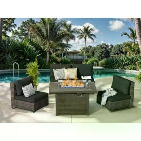 Patio Furniture Set 7 Pieces with Fire Pit Table Patio Sectional Furniture Sofa Chair Sets, PE Rattan Couch Conversation Set (Color: 5 Pcs Fire Pit-Black)