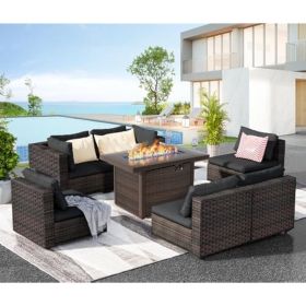 Patio Furniture Set 7 Pieces with Fire Pit Table Patio Sectional Furniture Sofa Chair Sets, PE Rattan Couch Conversation Set (Color: 7 Pecs Fire Pi-Black)