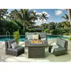 Patio Furniture Set 7 Pieces with Fire Pit Table Patio Sectional Furniture Sofa Chair Sets, PE Rattan Couch Conversation Set (Color: 5 Pecs Fire Pit-Grey)