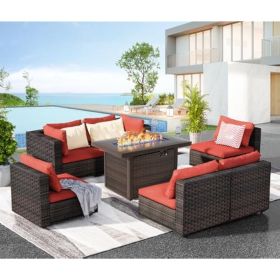 Patio Furniture Set 7 Pieces with Fire Pit Table Patio Sectional Furniture Sofa Chair Sets, PE Rattan Couch Conversation Set (Color: 7 Pecs Fire Pit-Red)