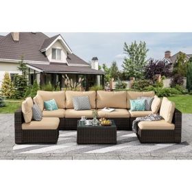 Patio Furniture Set 7 Pieces with Fire Pit Table Patio Sectional Furniture Sofa Chair Sets, PE Rattan Couch Conversation Set (Color: 7 Pecs Beige)