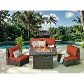 Patio Furniture Set 7 Pieces with Fire Pit Table Patio Sectional Furniture Sofa Chair Sets, PE Rattan Couch Conversation Set (Color: 5 Pecs Fire Pit-Red)