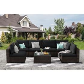 Patio Furniture Set 7 Pieces with Fire Pit Table Patio Sectional Furniture Sofa Chair Sets, PE Rattan Couch Conversation Set (Color: 7 Pecs Black)