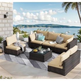 Patio Furniture Set 7 Pieces with Fire Pit Table Patio Sectional Furniture Sofa Chair Sets, PE Rattan Couch Conversation Set (Color: 7 Pecs Fire Pi-Beige)