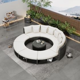 Outdoor Patio Conversation Set Circular Outdoor Sofa Set Rattan Wicker Sectional Sofa Lounge Set with Tempered Coffee Table (Color: Beige)