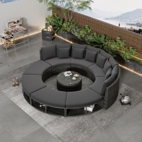 Outdoor Patio Conversation Set Circular Outdoor Sofa Set Rattan Wicker Sectional Sofa Lounge Set with Tempered Coffee Table (Color: Grey)