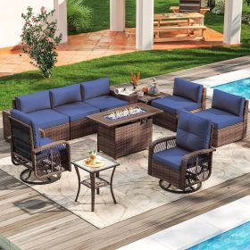 Aoxun 10 Pieces Patio Furniture Set Wicker Rattan Outdoor Furniture Fire Pit Table Patio Sectional Sofa Swivel Rocking Chairs (Color: Blue-10 Pieces)