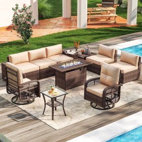 Aoxun 10 Pieces Patio Furniture Set Wicker Rattan Outdoor Furniture Fire Pit Table Patio Sectional Sofa Swivel Rocking Chairs (Color: Beige-10 Pieces)