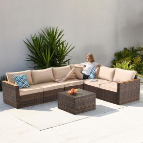 7 Pieces Outdoor Patio Furniture, Durable Wicker Outdoor Couch Patio Sectional Sofa Conversation Sets for Backyard, Lawn,Outside (Color: Brown Khaki)