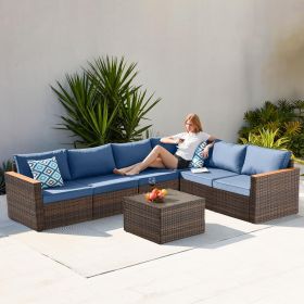 7 Pieces Outdoor Patio Furniture, Durable Wicker Outdoor Couch Patio Sectional Sofa Conversation Sets for Backyard, Lawn,Outside (Color: Brown Navy)