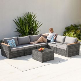 7 Pieces Outdoor Patio Furniture, Durable Wicker Outdoor Couch Patio Sectional Sofa Conversation Sets for Backyard, Lawn,Outside (Color: Gray Gray)