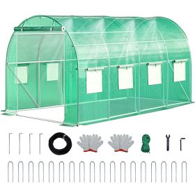 Walk-in Tunnel Greenhouse with Watering System Heavy Duty Portable Green House Protect Gardening Plants 1 Zipper Mesh Door, 8 Roll-up Windows (Size: 20ft, Color: Green)