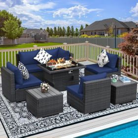 9 Pieces Patio Furniture Sets with Propane Fire Pit Table, PE Wicker Patio Furniture Set (Color: 8pcs Navy Blue)