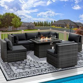 9 Pieces Patio Furniture Sets with Propane Fire Pit Table, PE Wicker Patio Furniture Set (Color: 7pcs  Dark Gray)