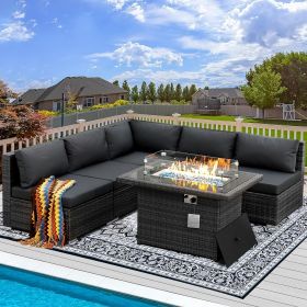 9 Pieces Patio Furniture Sets with Propane Fire Pit Table, PE Wicker Patio Furniture Set (Color: 6pcs Dark Gray)