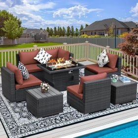 9 Pieces Patio Furniture Sets with Propane Fire Pit Table, PE Wicker Patio Furniture Set (Color: 8pcs Red With)