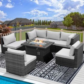 9 Pieces Patio Furniture Sets with Propane Fire Pit Table, PE Wicker Patio Furniture Set (Color: 7pcs Light Gray)